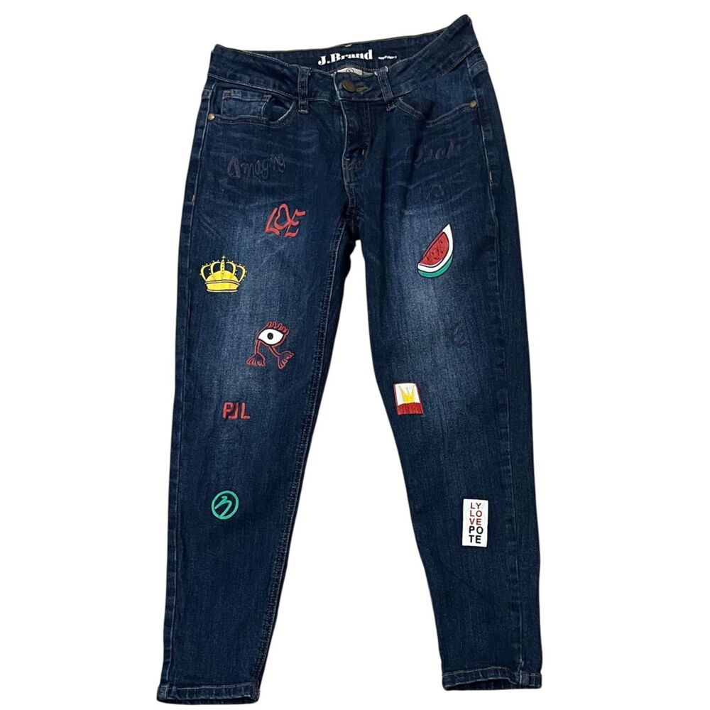J. BRAND Reworked Graphic Patch Skinny Jeans Dark Wash Denim Boyfriend Sz 28